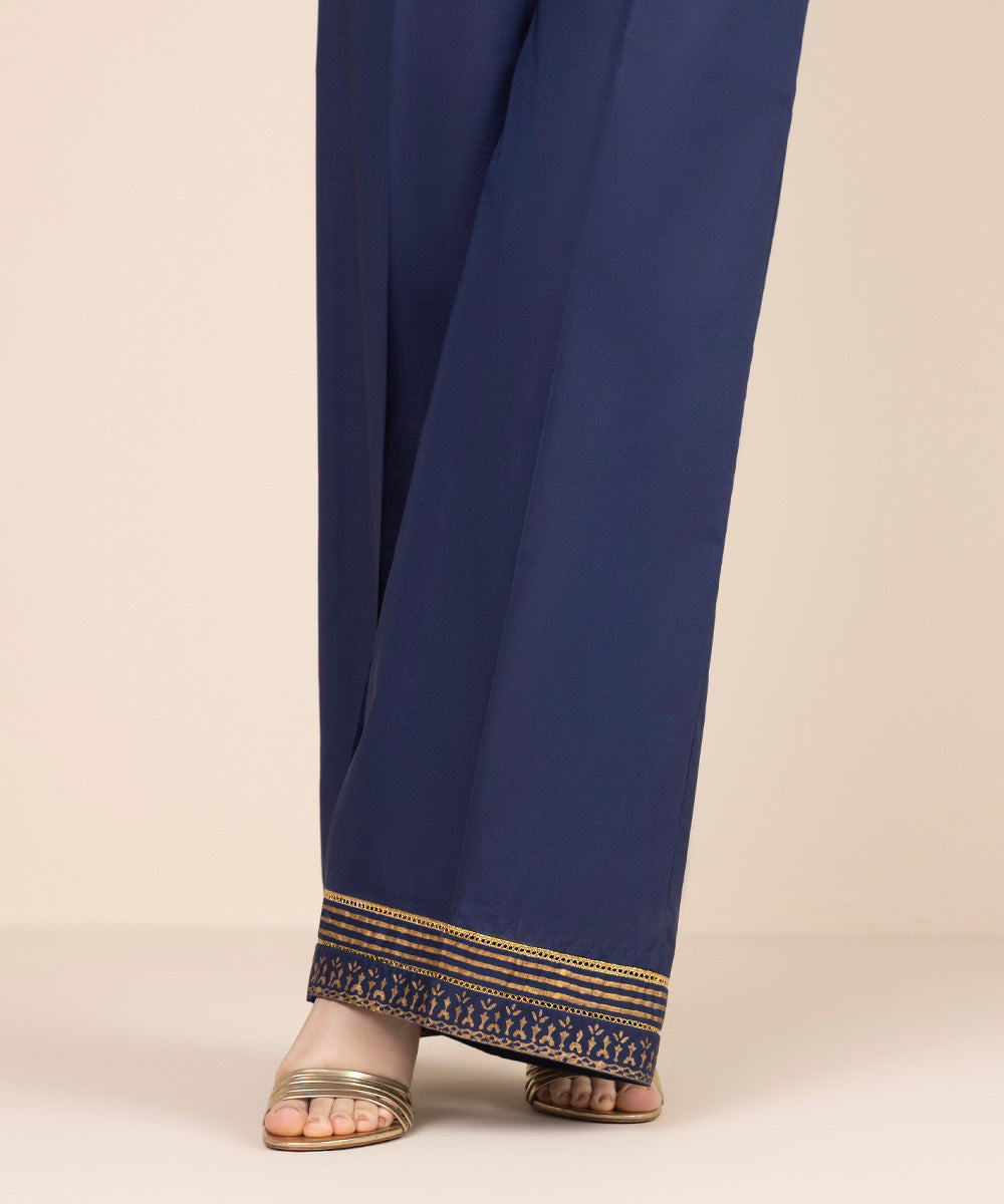 Women's RTW Cambric Blue Solid Flared Pants