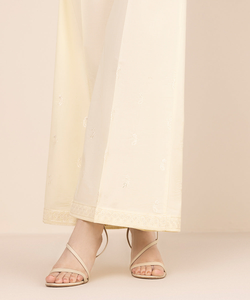 Women's RTW Cambric Off White Embroidered Flared Pants
