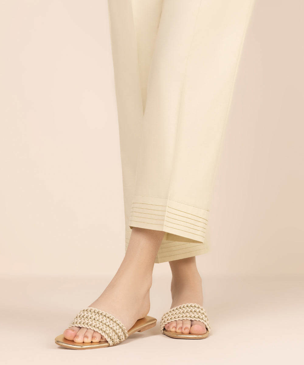 Women's RTW Cambric Beige Solid Straight Pants