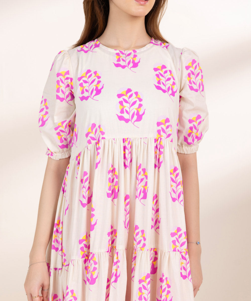 Women's Pret Cambric White Printed Tier Dress