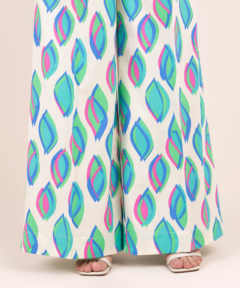 Women's Pret Cambric White Printed Flared Pants