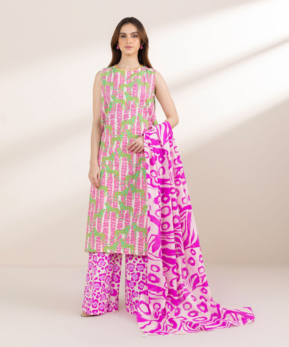 Textured Lawn Pink Printed Dupatta