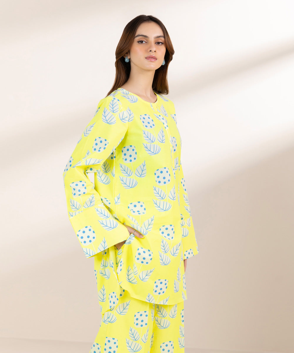 Women's Pret Cambric Yellow Printed Boxy Shirt