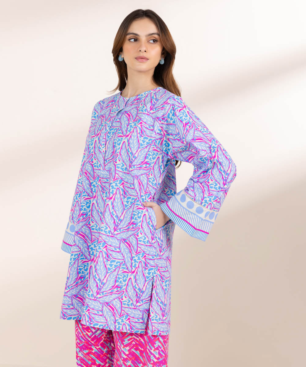 Women's Pret Cambric Blue Printed Boxy Shirt