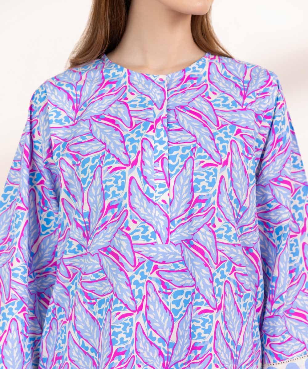 Women's Pret Cambric Blue Printed Boxy Shirt