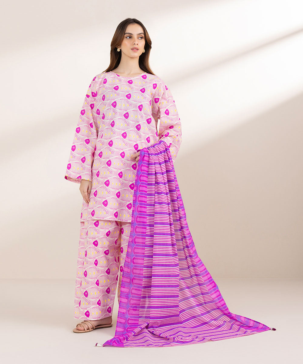 Textured Lawn Pink Printed Dupatta