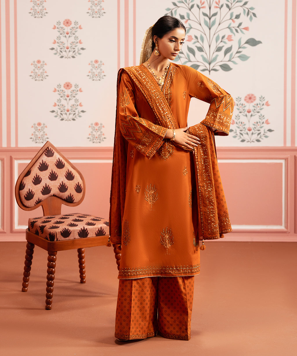 Women's RTW Lawn Orange Printed A-Line Shirt