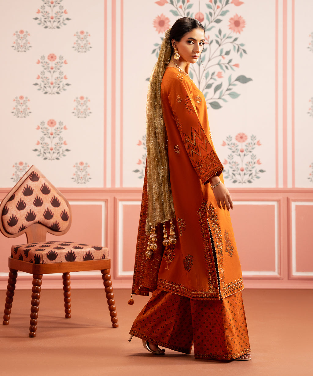 Women's RTW Cambric Orange Printed Flared Pants