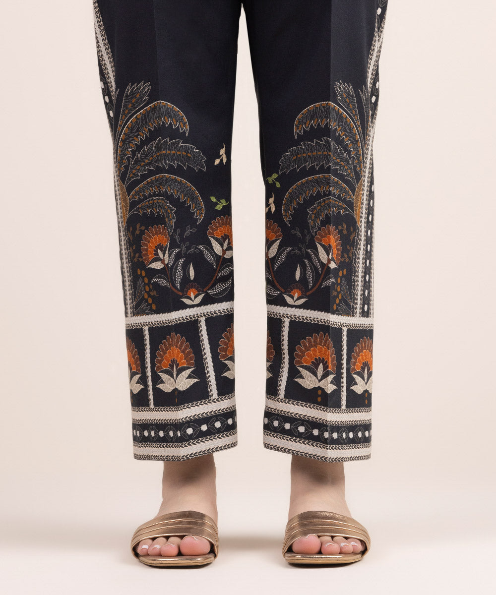 Women's Pret Cambric Black Printed Straight Pants