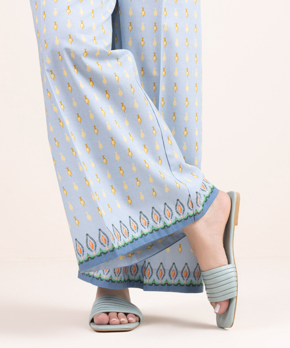 Women's Pret Cambric Blue Printed Flared Pants