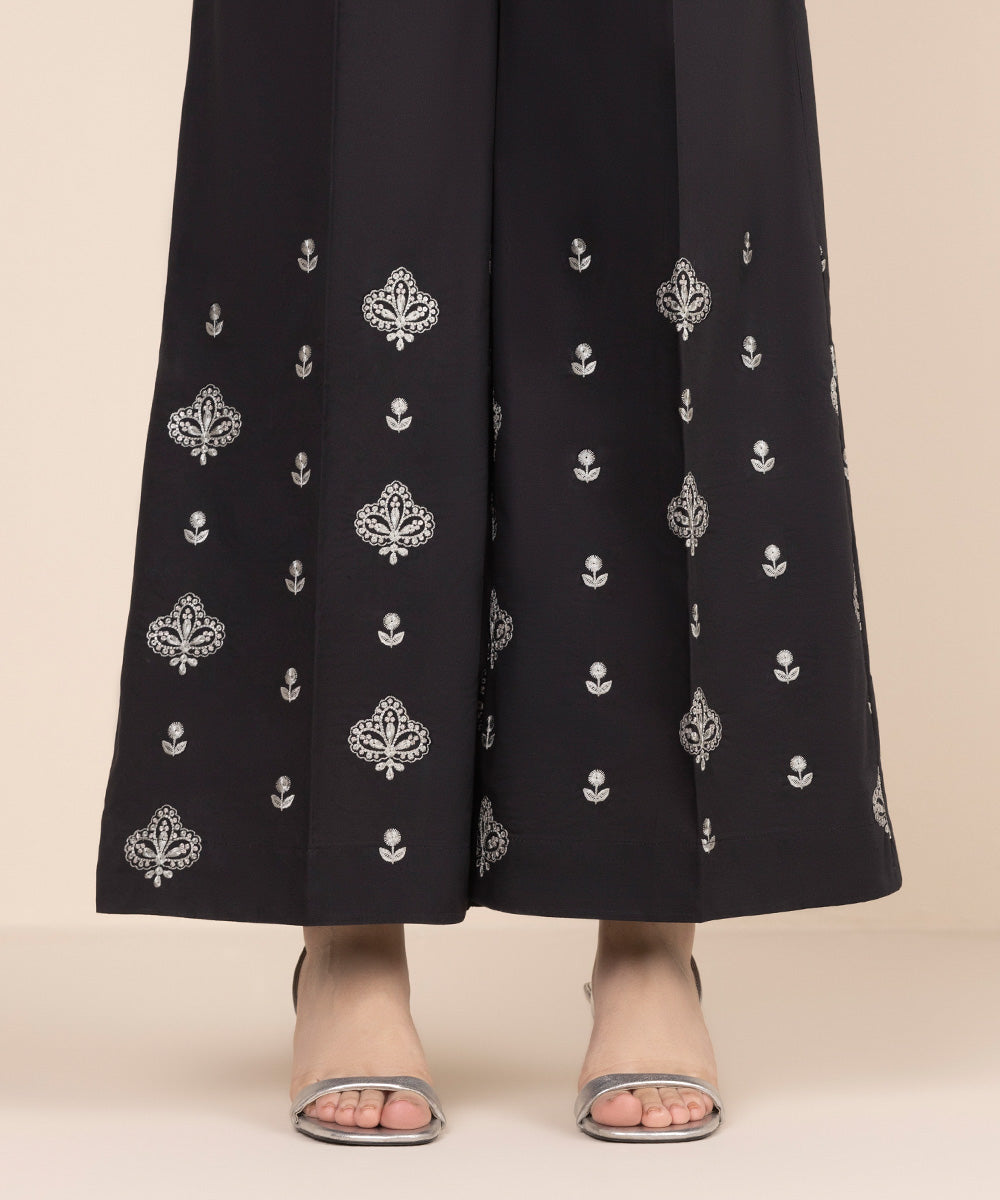 Women's RTW Cambric Black Embroidered Flared Pants