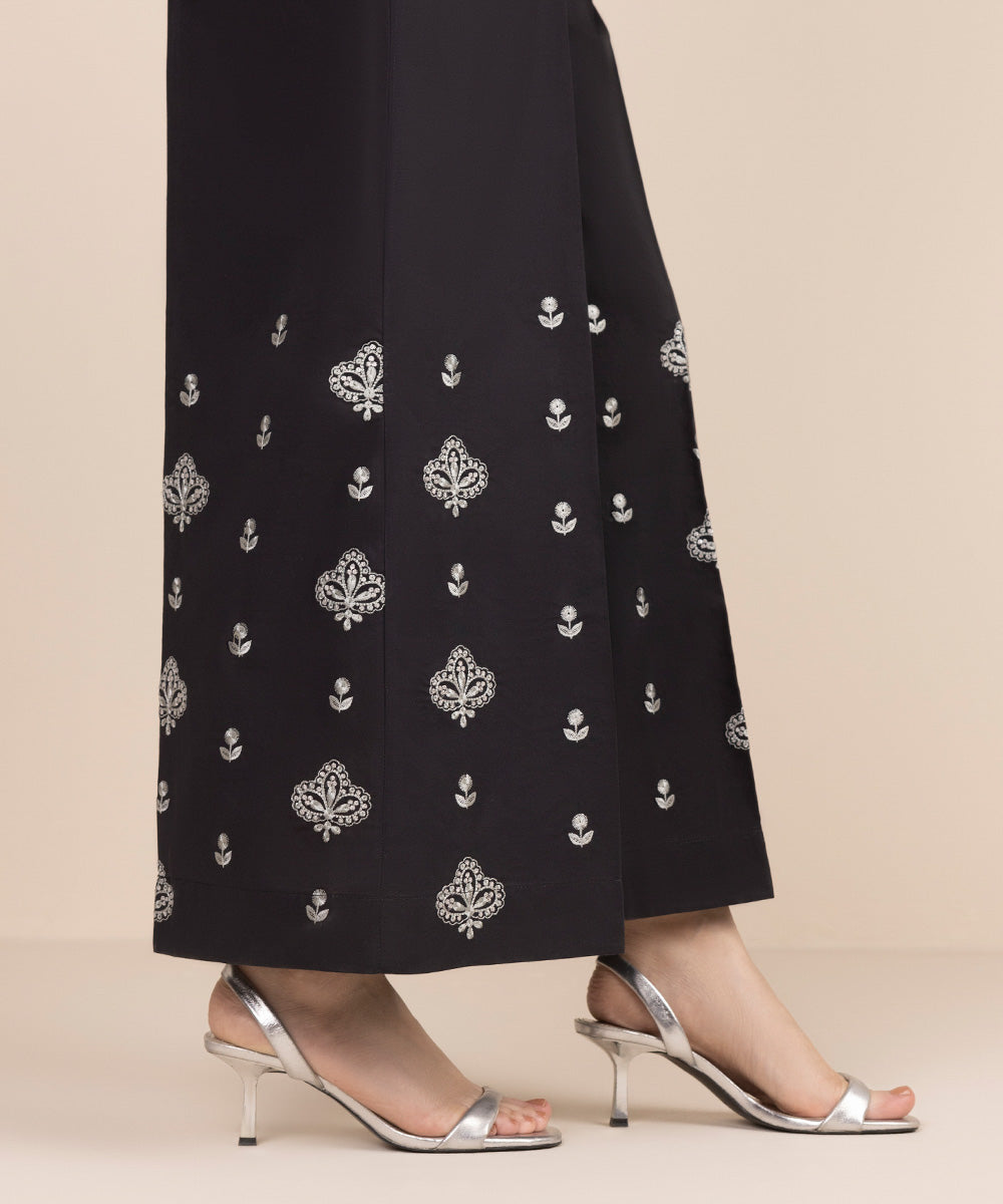 Women's RTW Cambric Black Embroidered Flared Pants