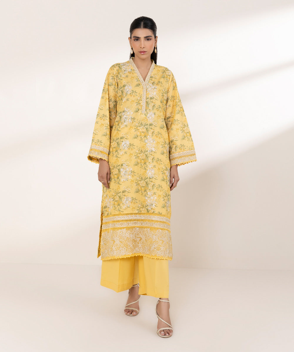 Women's RTW Zari Lawn Yellow Embroidered A-Line Shirt