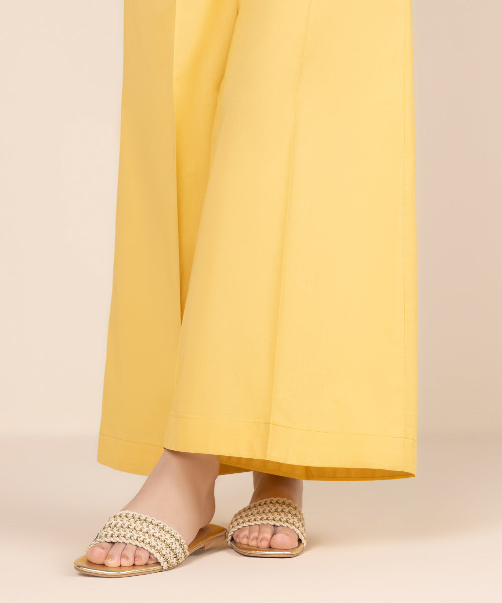 Women's RTW Cambric Yellow Solid Flared Pants