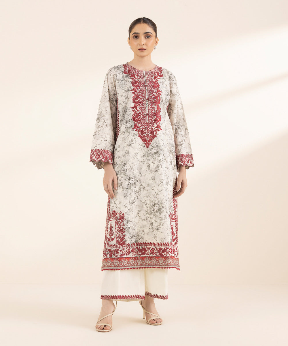 Women's RTW Zari Lawn Off White Embroidered A-Line Shirt