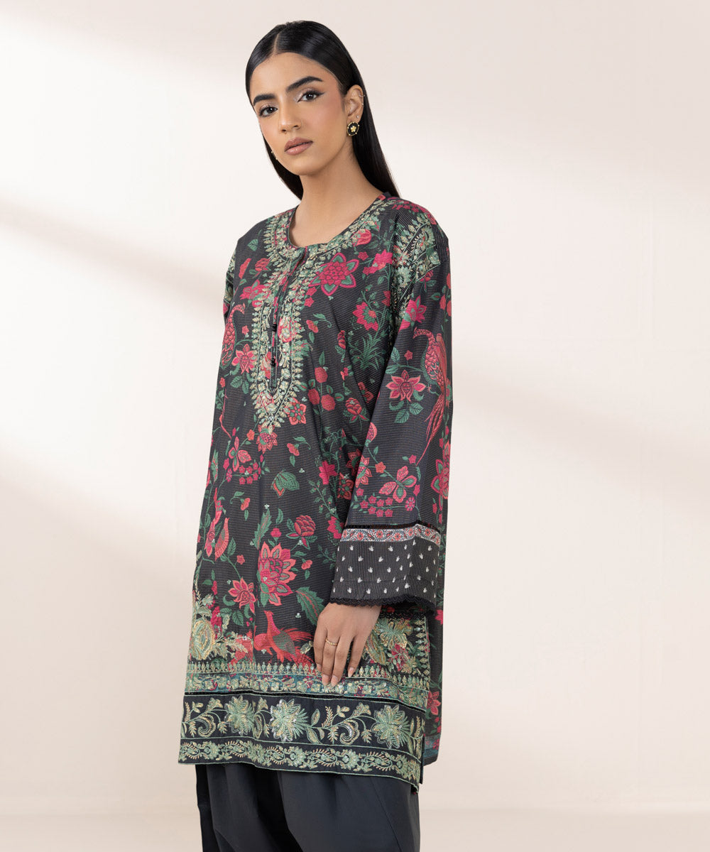 Women's Pret Zari Lawn Black Embroidered Drop Shoulder Shirt