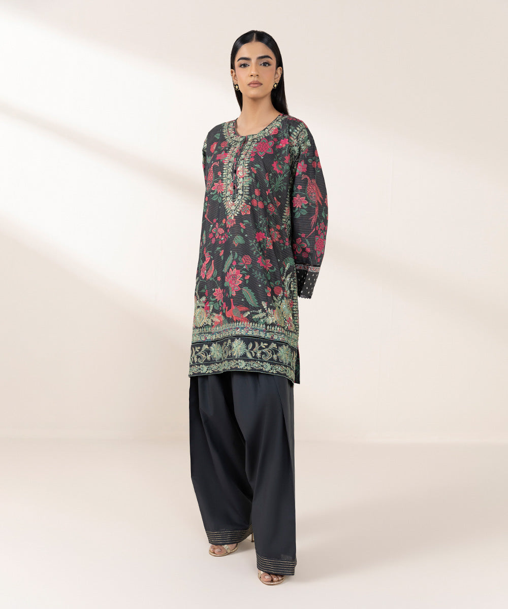 Women's Pret Zari Lawn Black Embroidered Drop Shoulder Shirt