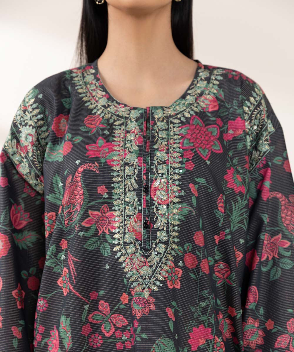 Women's Pret Zari Lawn Black Embroidered Drop Shoulder Shirt