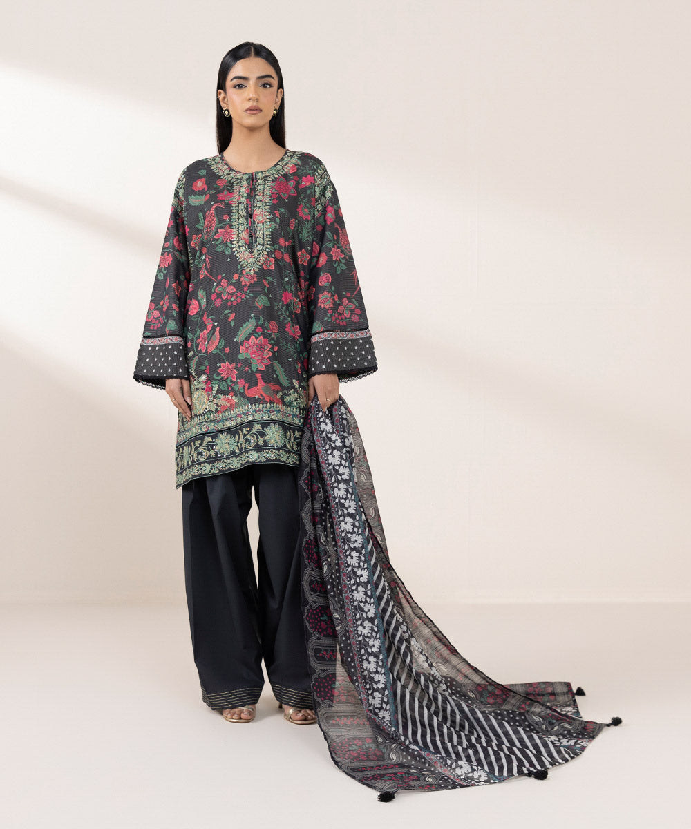 Women's Pret Zari Lawn Black Embroidered Drop Shoulder Shirt