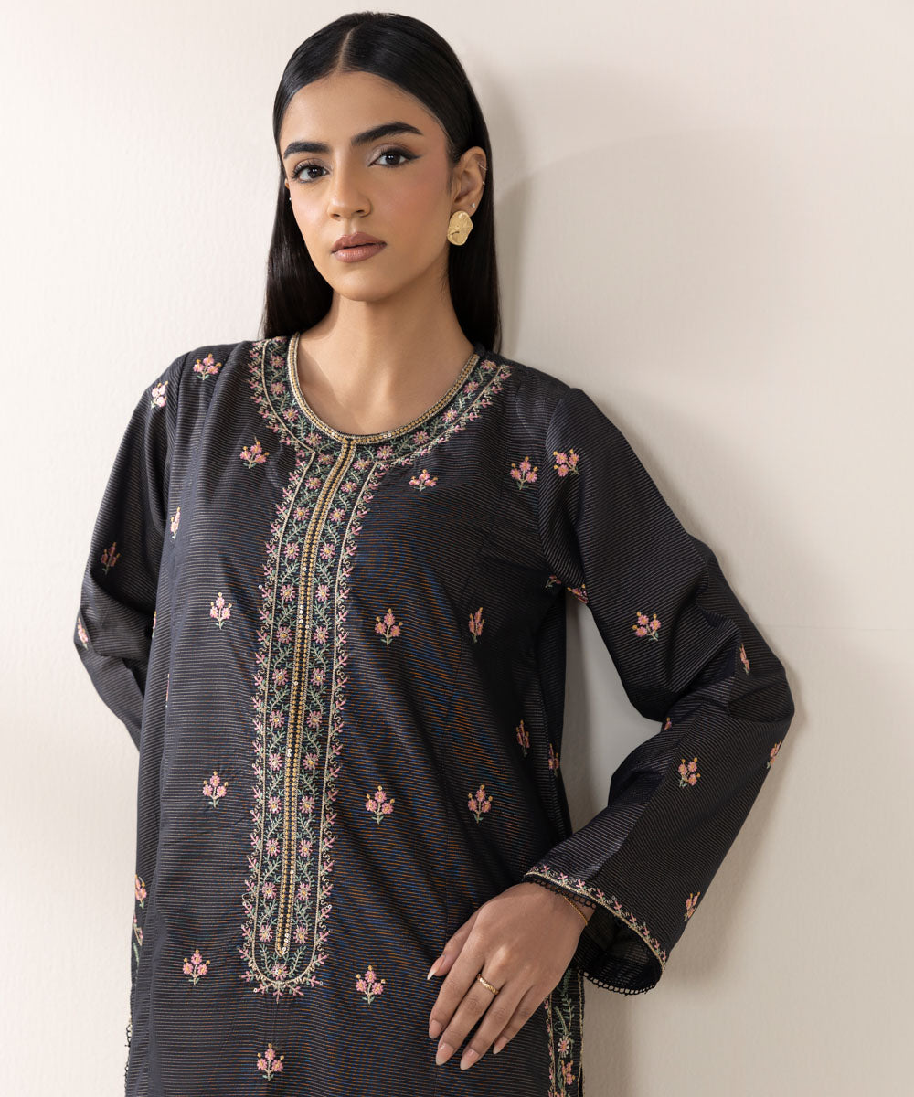 Women's Pret Zari Lawn Black Embroidered A-Line Shirt