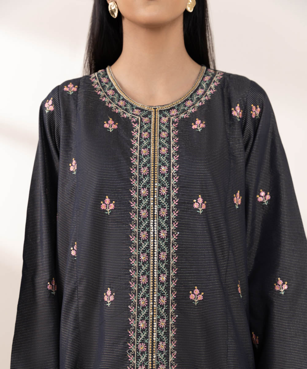 Women's Pret Zari Lawn Black Embroidered A-Line Shirt