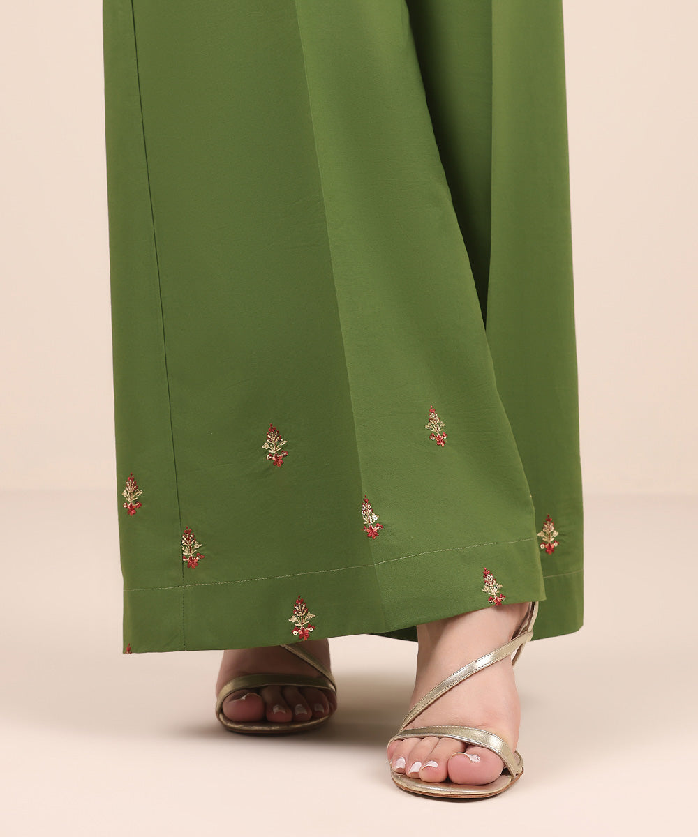 Women's Pret Cambric Green Embroidered Flared Pants