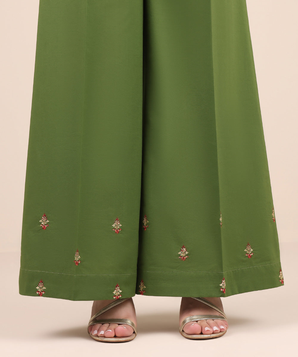 Women's Pret Cambric Green Embroidered Flared Pants