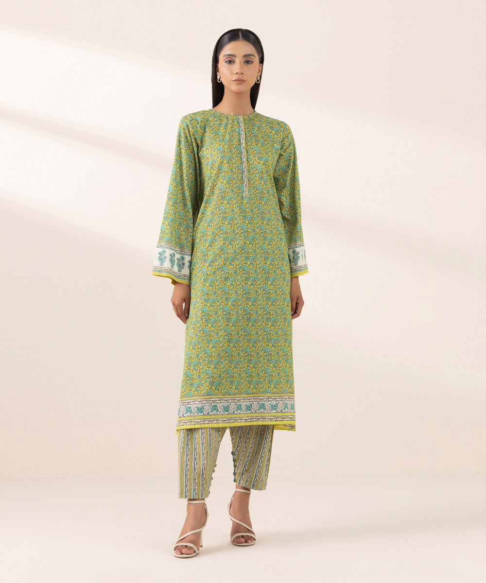 Women's Pret Yarn Dyed Green Printed A-Line Shirt