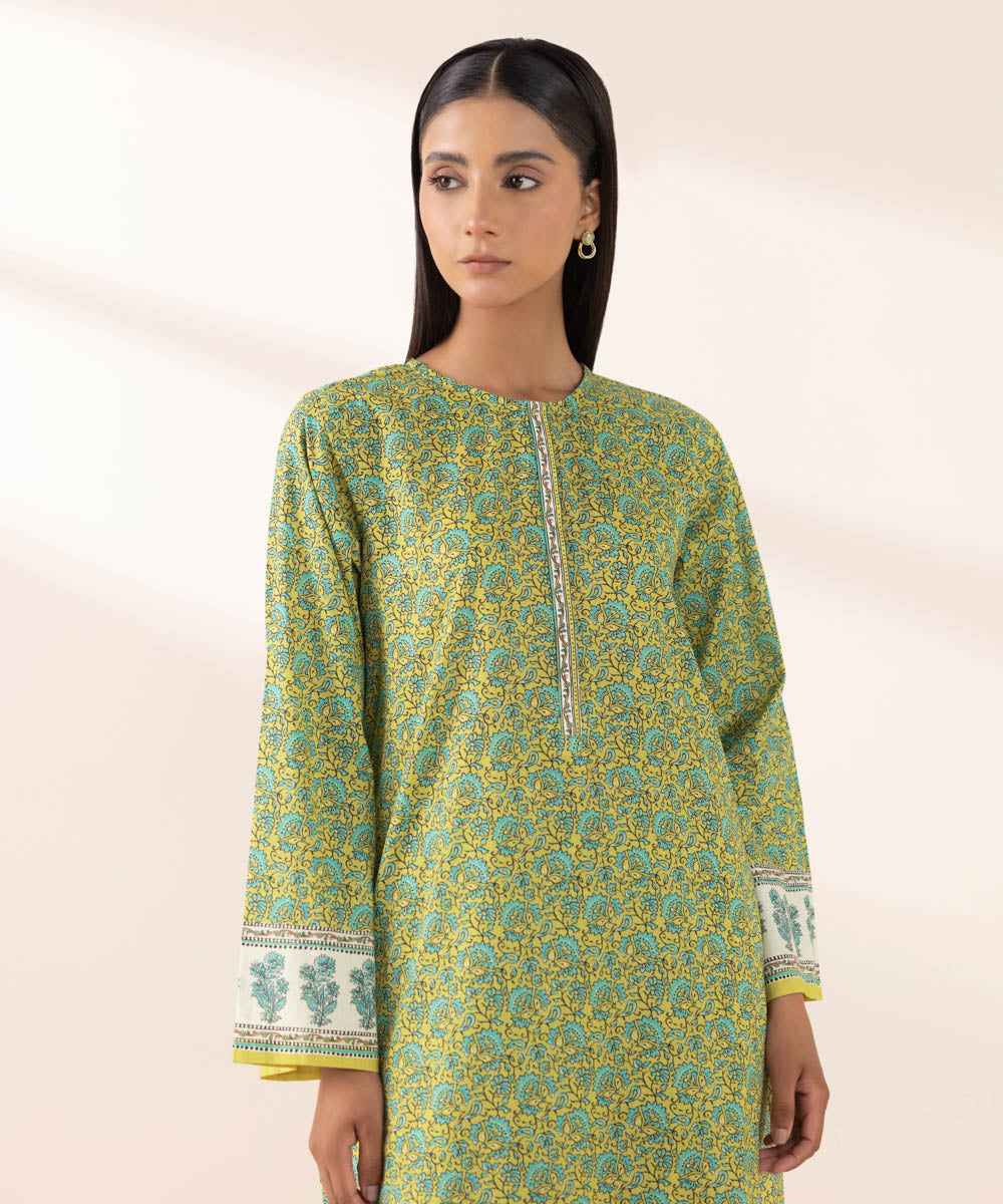 Women's Pret Yarn Dyed Green Printed A-Line Shirt