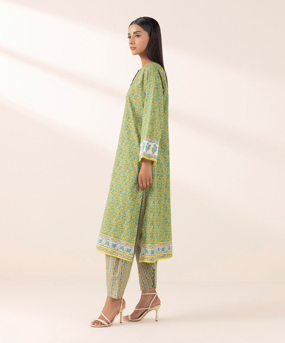 Women's Pret Yarn Dyed Green Printed A-Line Shirt