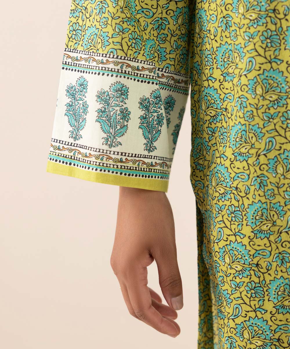 Women's Pret Yarn Dyed Green Printed A-Line Shirt