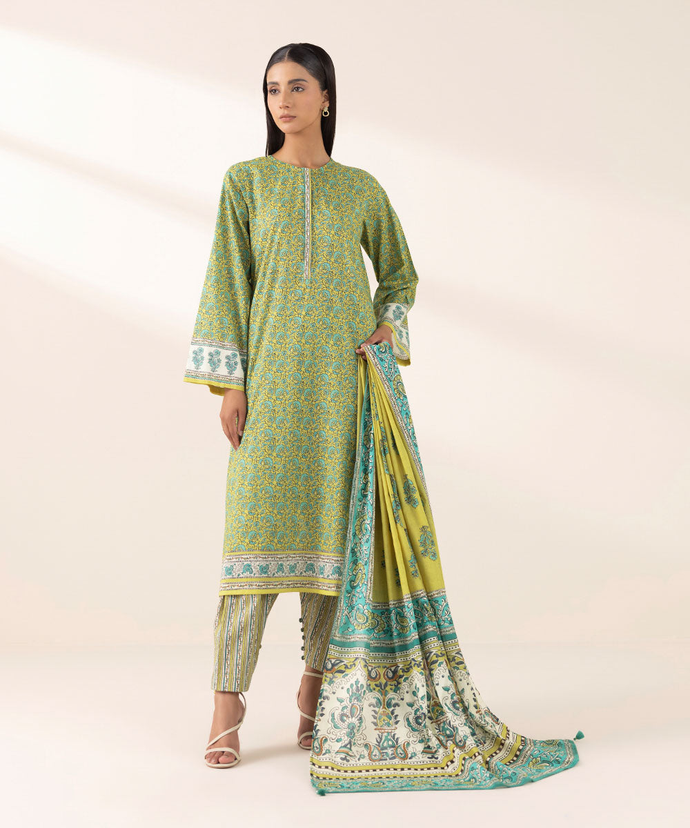 Women's Pret Yarn Dyed Green Printed A-Line Shirt