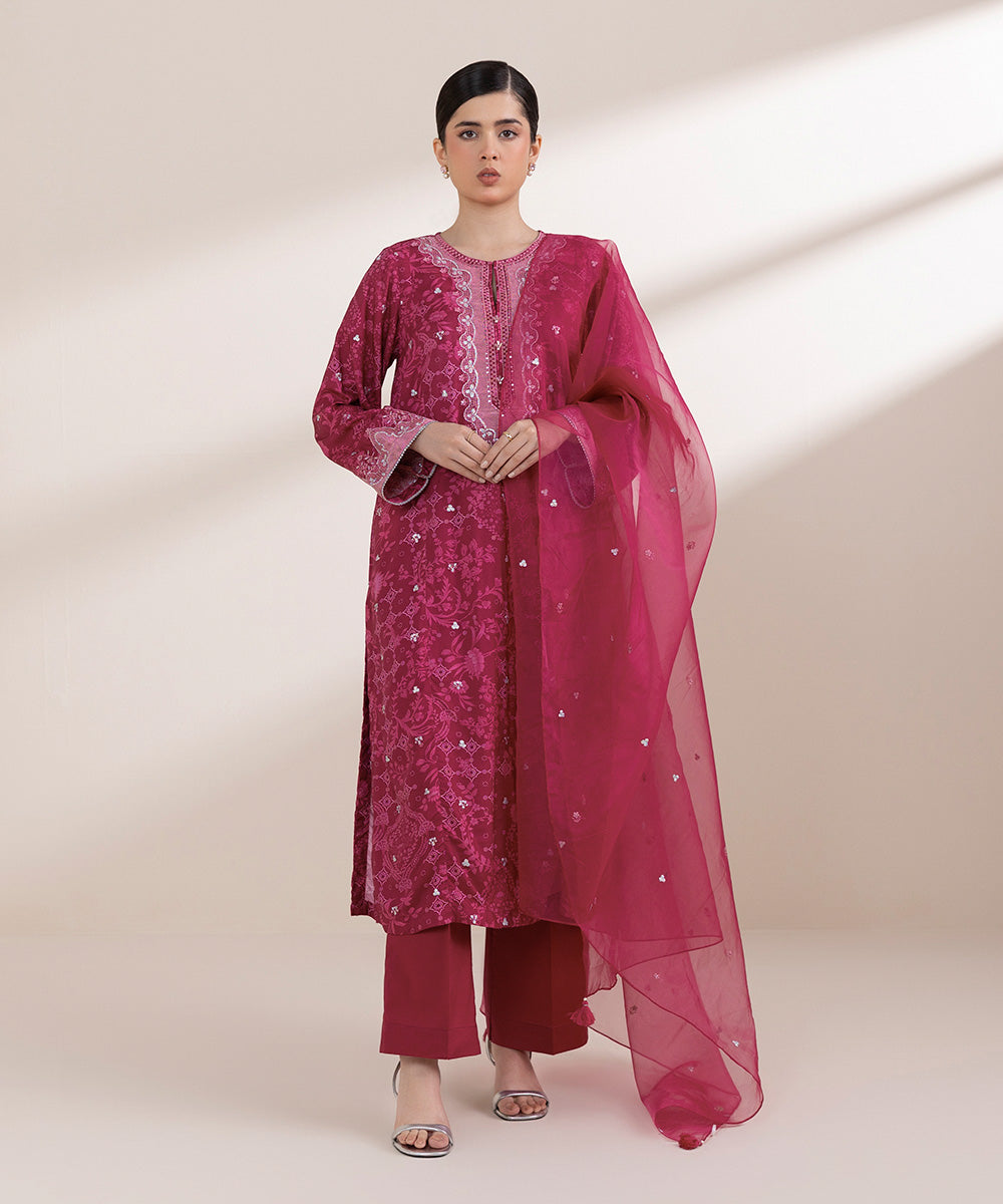 Blended Organza Pink Embroidered Dupatta