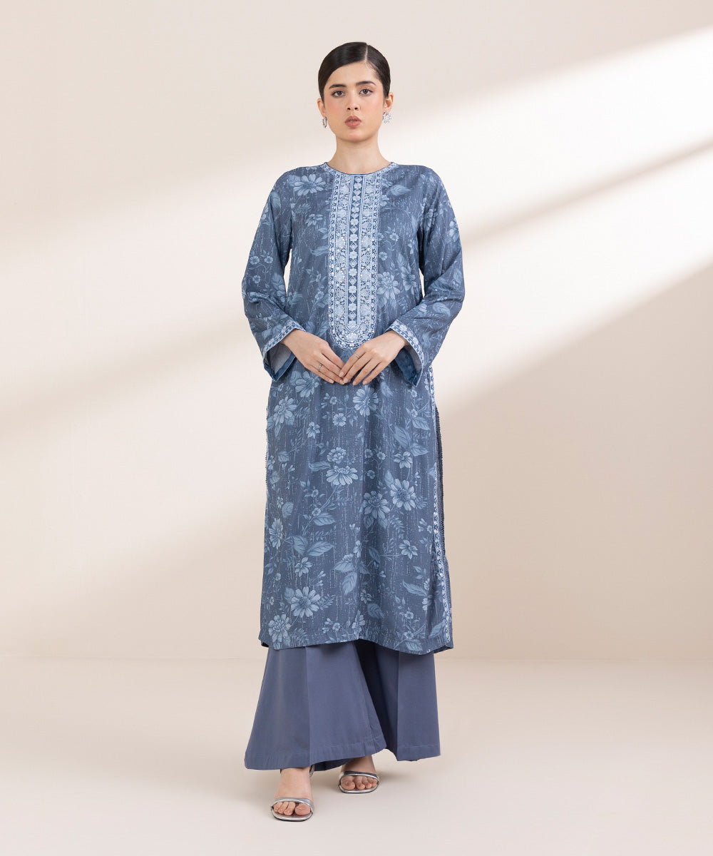 Women's Pret Arabic Lawn Blue Embroidered A-Line Shirt