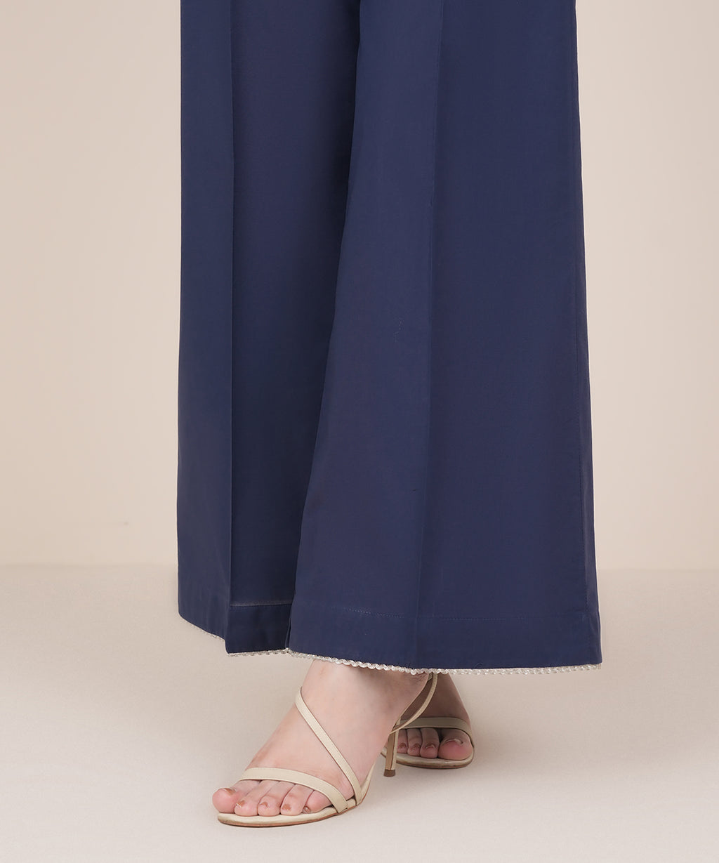 Women's RTW Cambric Blue Solid Flared Pants