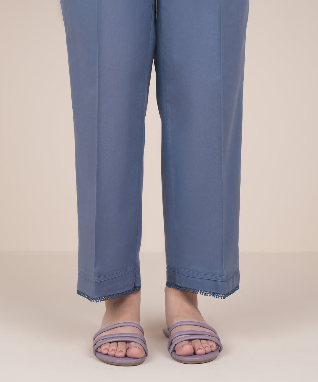 Women's RTW Cambric Blue Solid Straight Pants