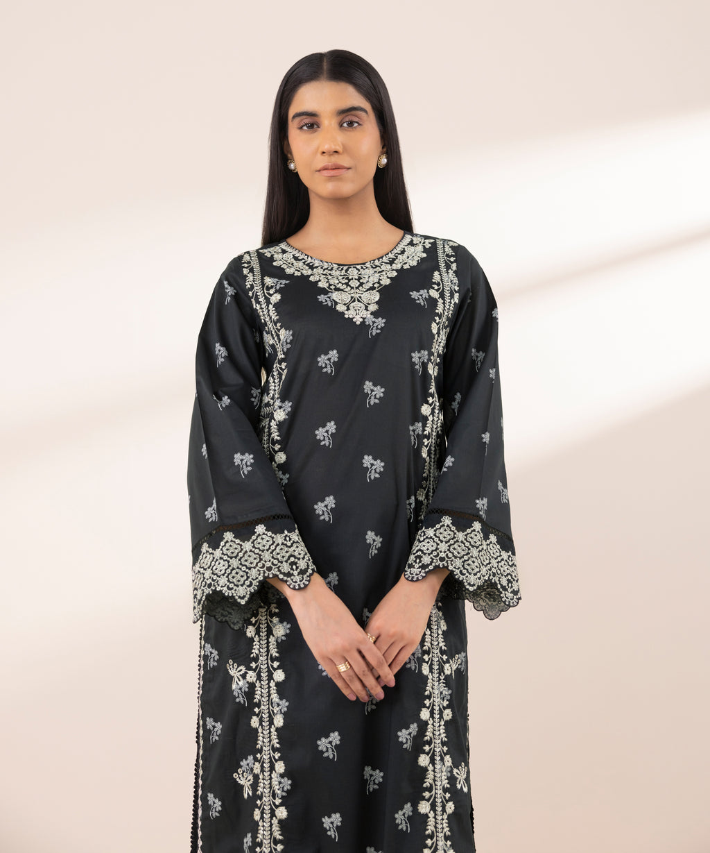 Women's RTW Lawn Black Embroidered A-Line Shirt