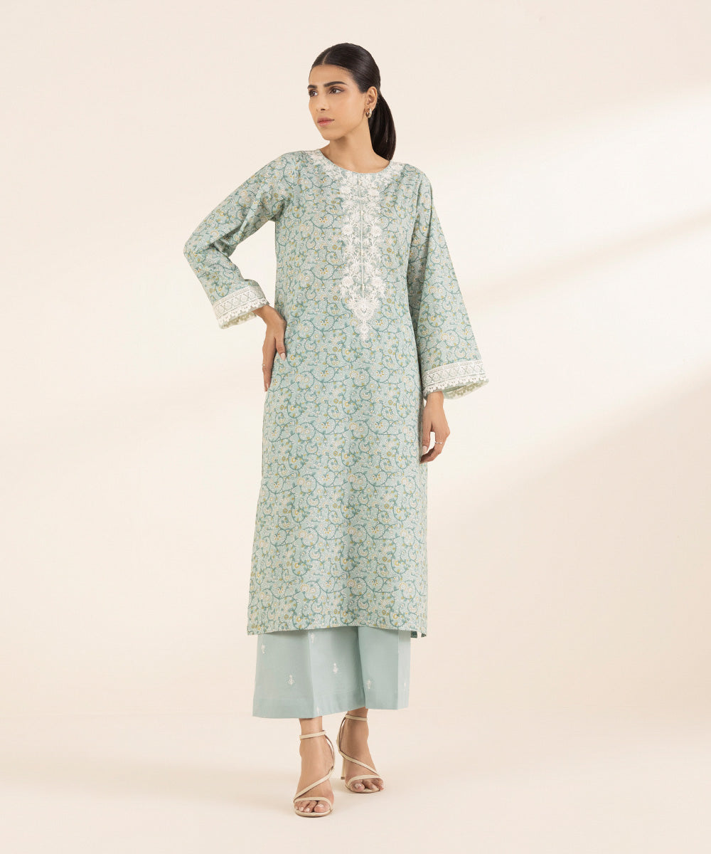 Women's RTW Lawn Blue Embroidered A-Line Shirt