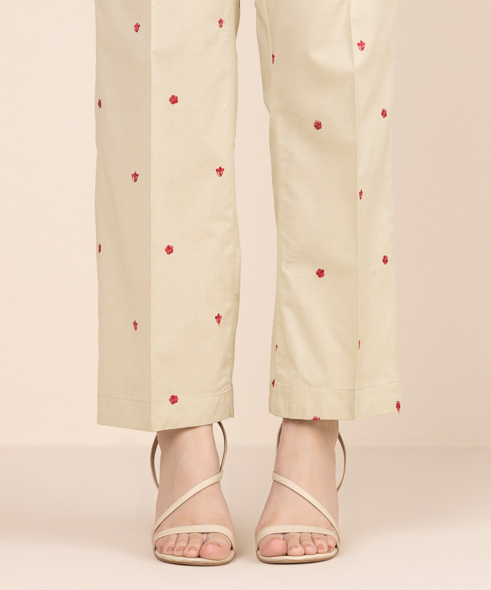 Women's RTW Cambric Green Embroidered Straight Pants