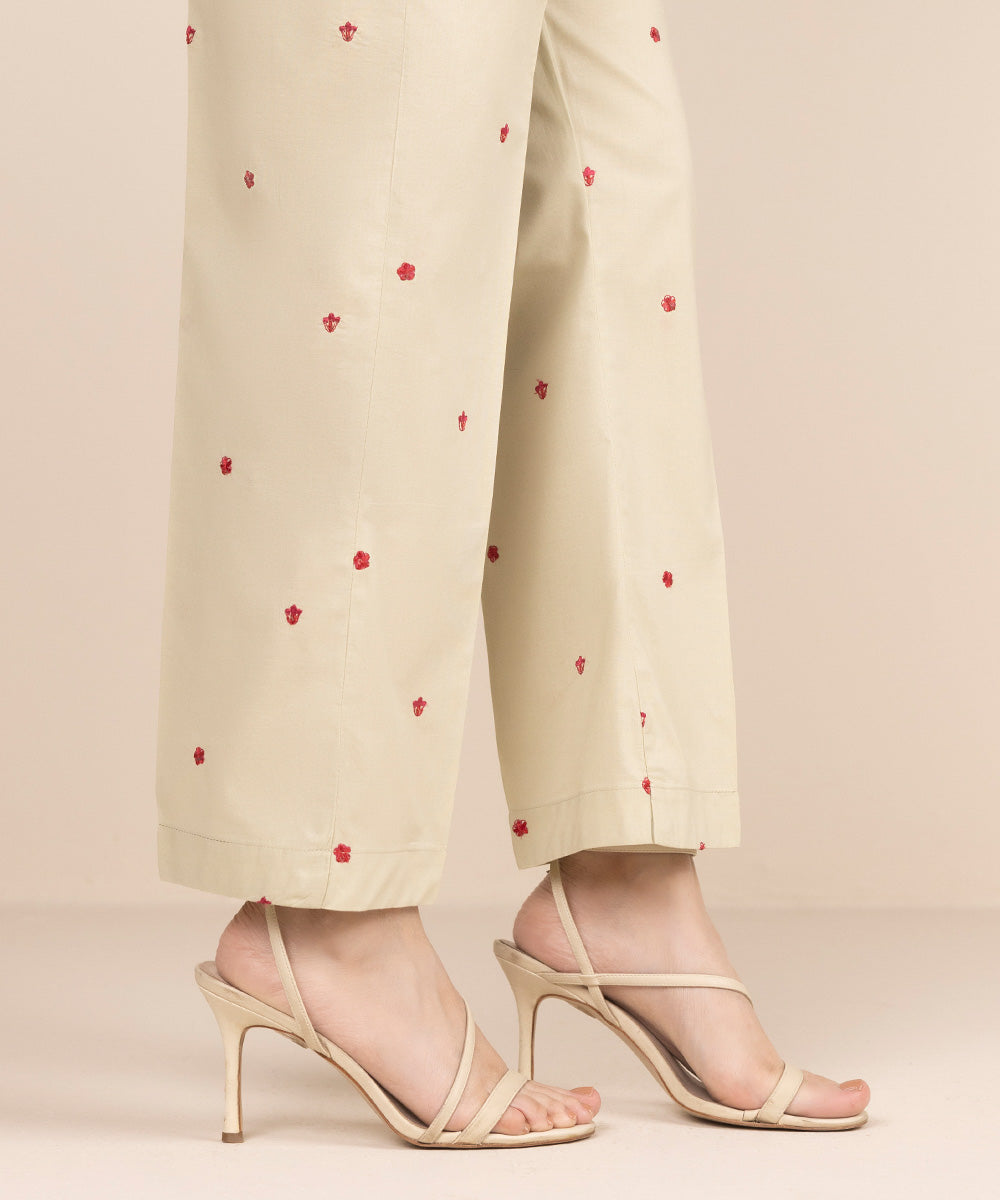 Women's RTW Cambric Green Embroidered Straight Pants