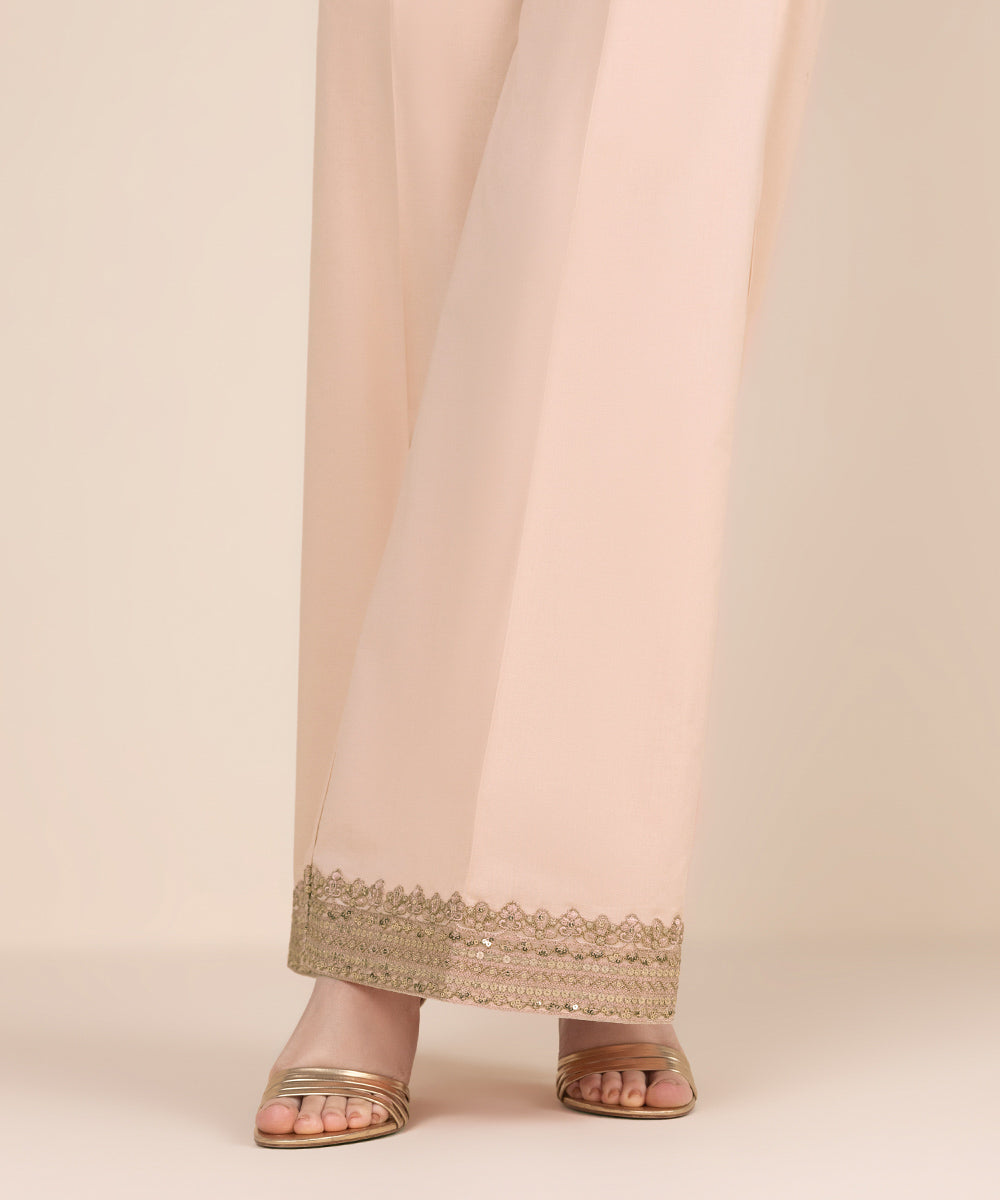 Women's RTW Cambric Pink Embroidered Flared Pants