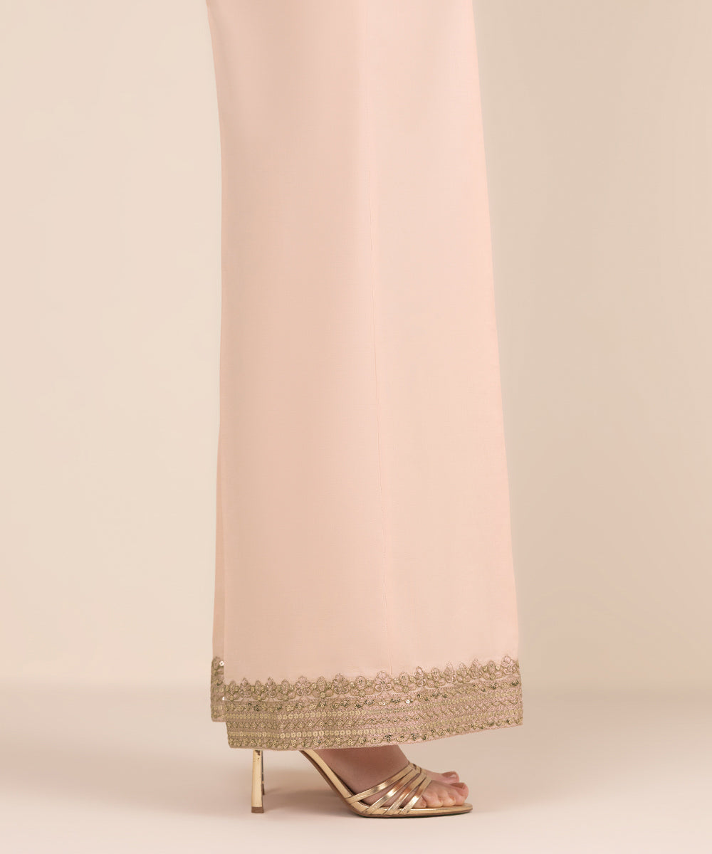 Women's RTW Cambric Pink Embroidered Flared Pants