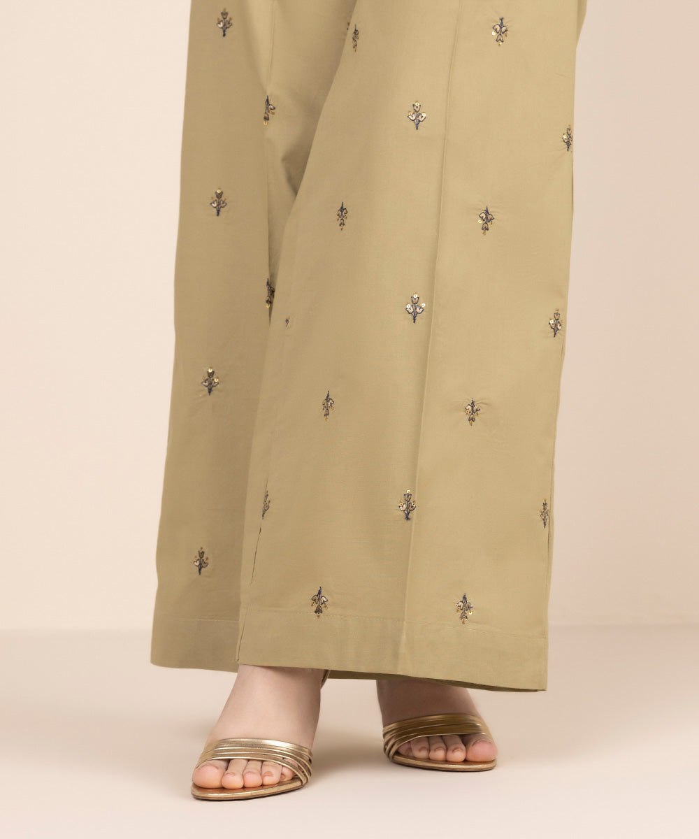 Women's RTW Cambric Brown Embroidered Flared Pants