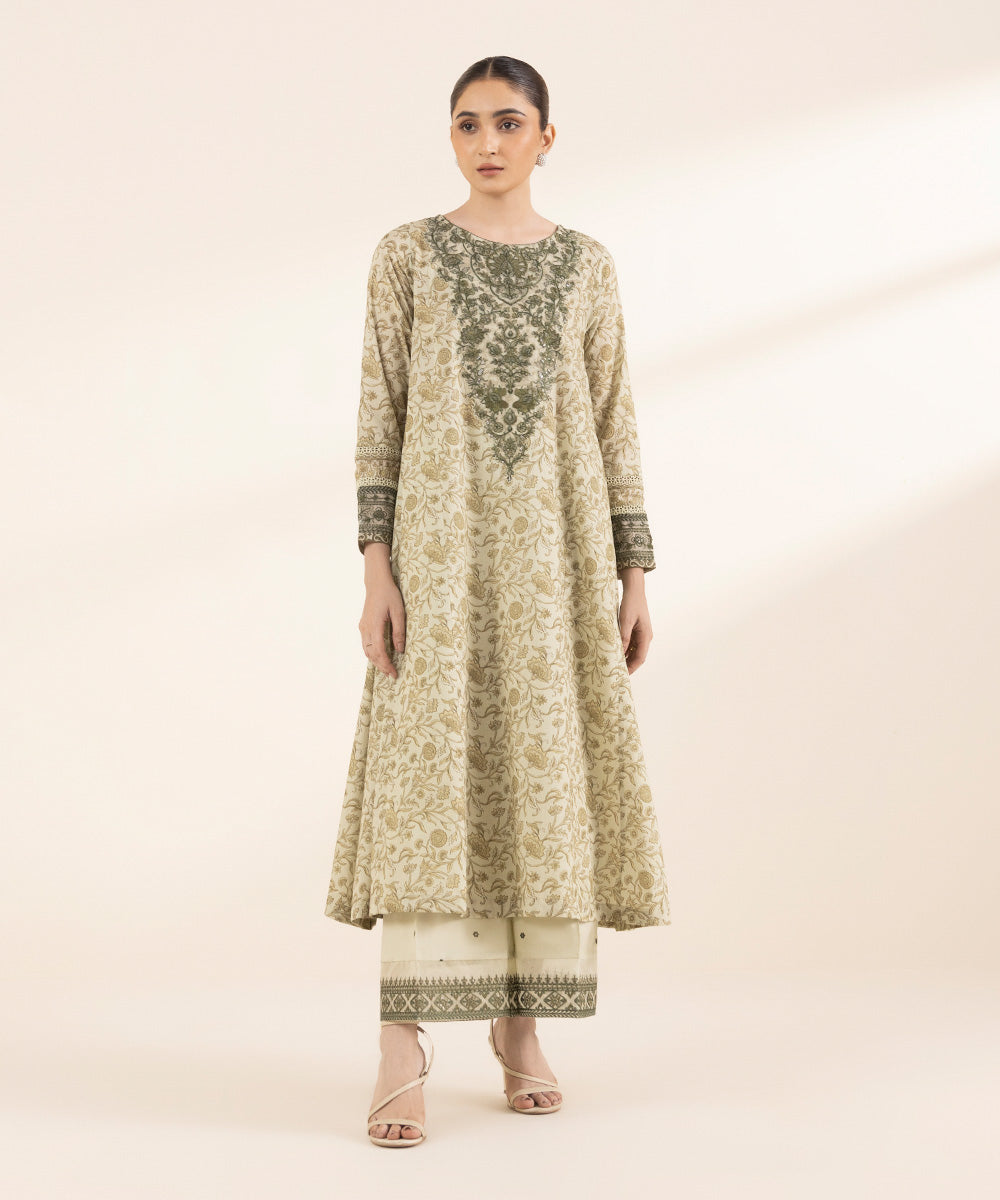 Women's RTW Lawn Beige Embroidered A-Line Shirt