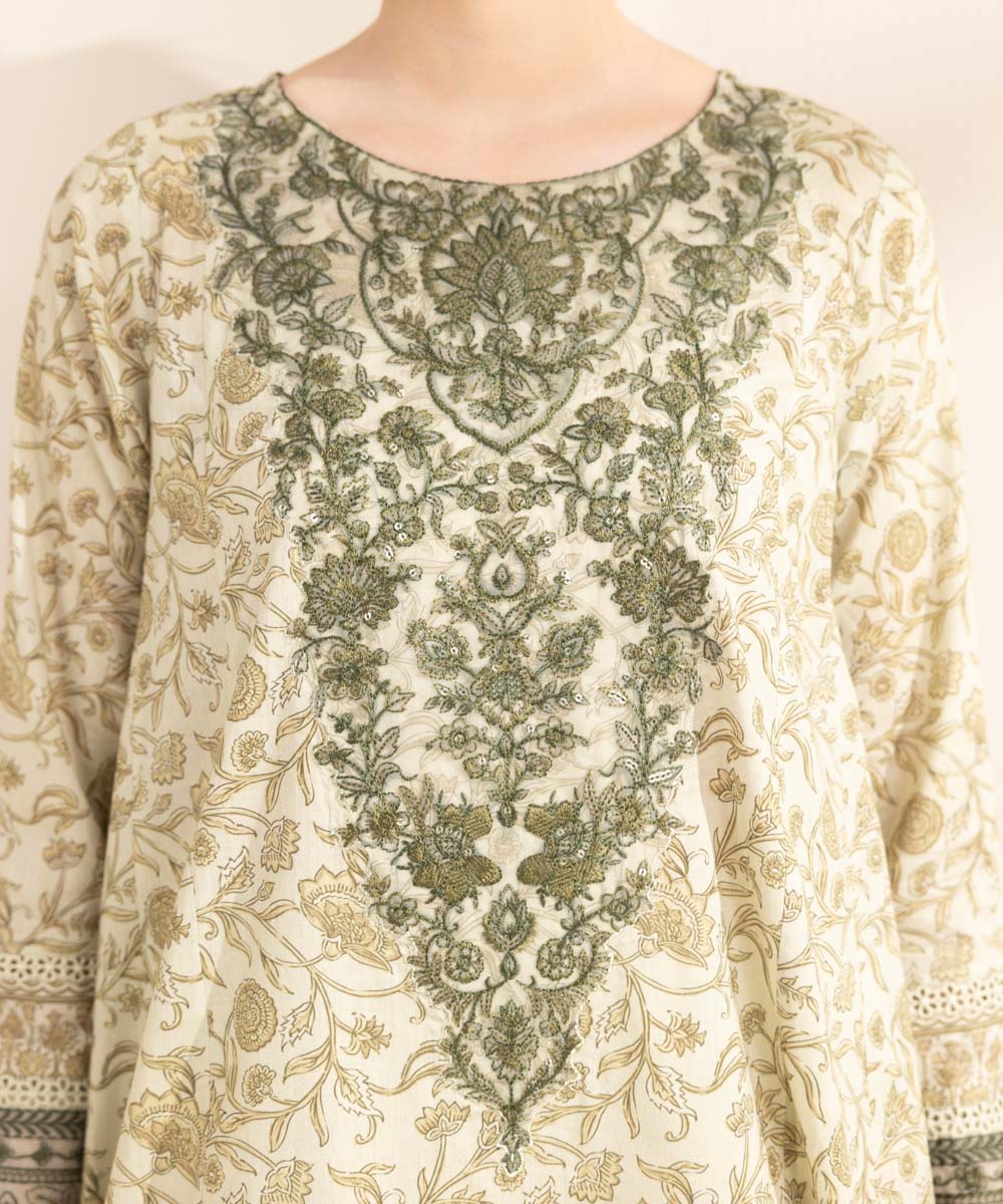 Women's RTW Lawn Beige Embroidered A-Line Shirt
