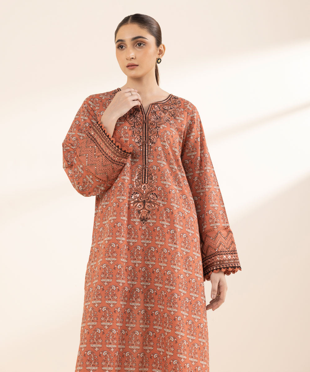 Women's RTW Lawn Orange Embroidered A-Line Shirt