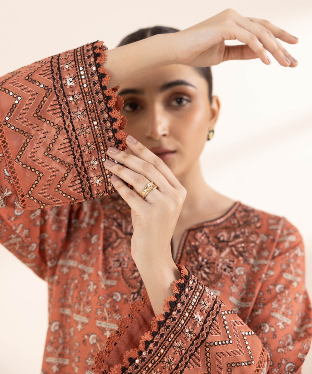 Women's RTW Lawn Orange Embroidered A-Line Shirt