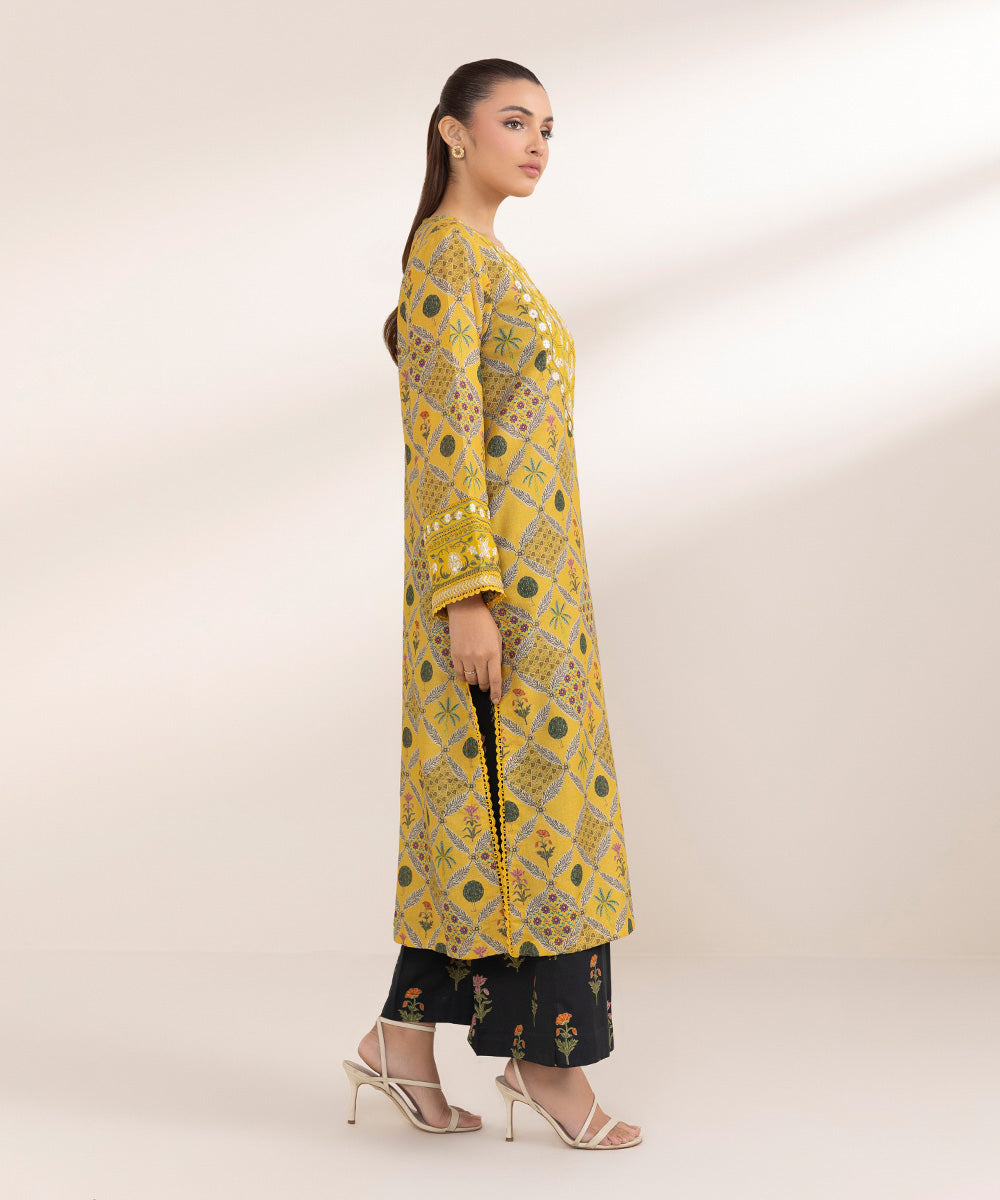 Women's Pret Cotton Embroidered Yellow A-Line Shirt