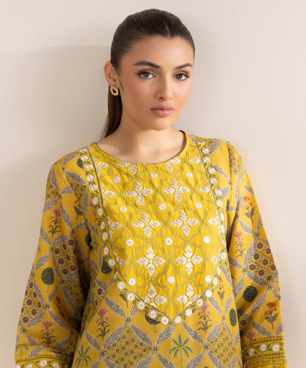 Women's Pret Cotton Embroidered Yellow A-Line Shirt