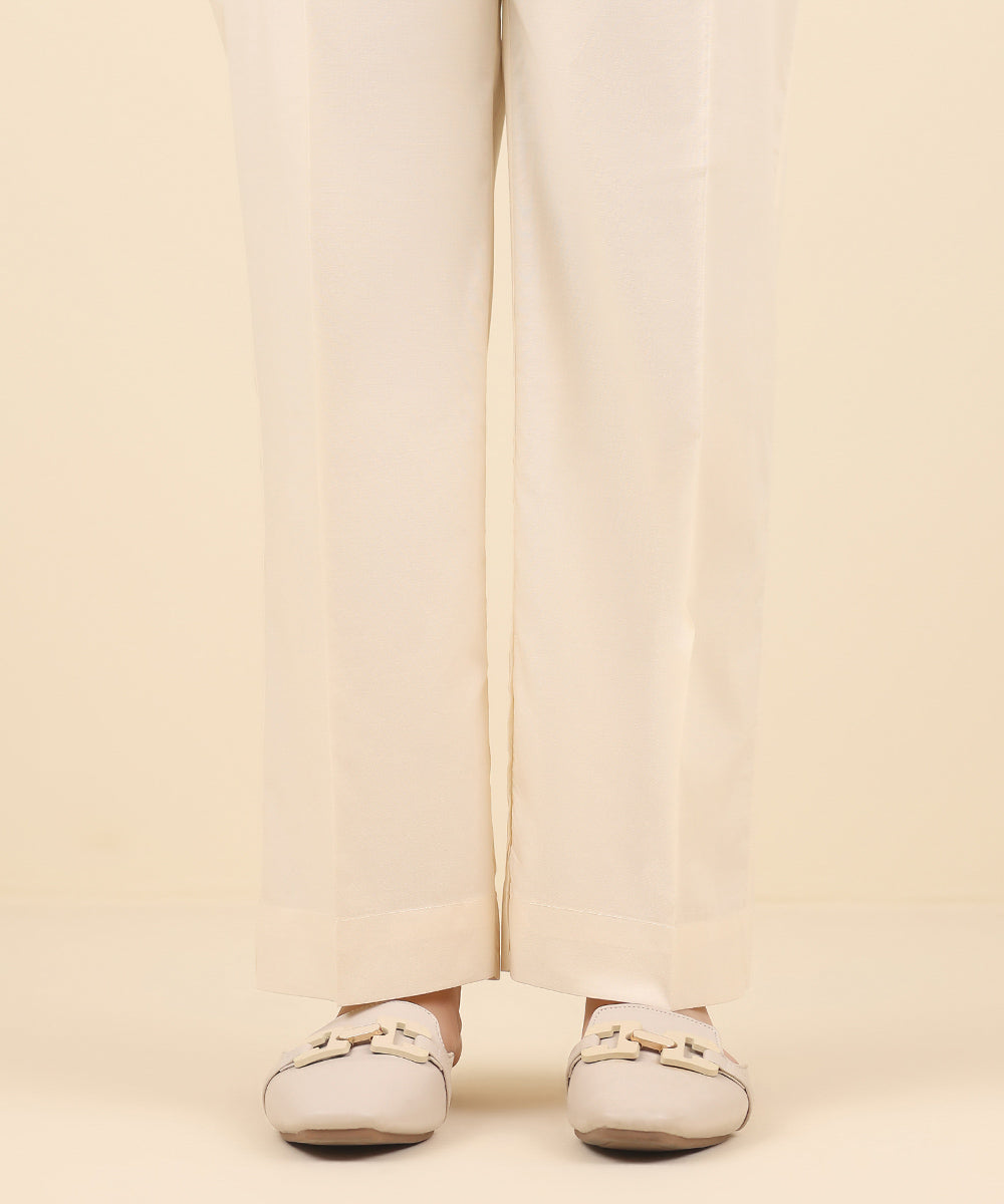 Women's Pret Cotton Viscose Beige Solid Straight Pants